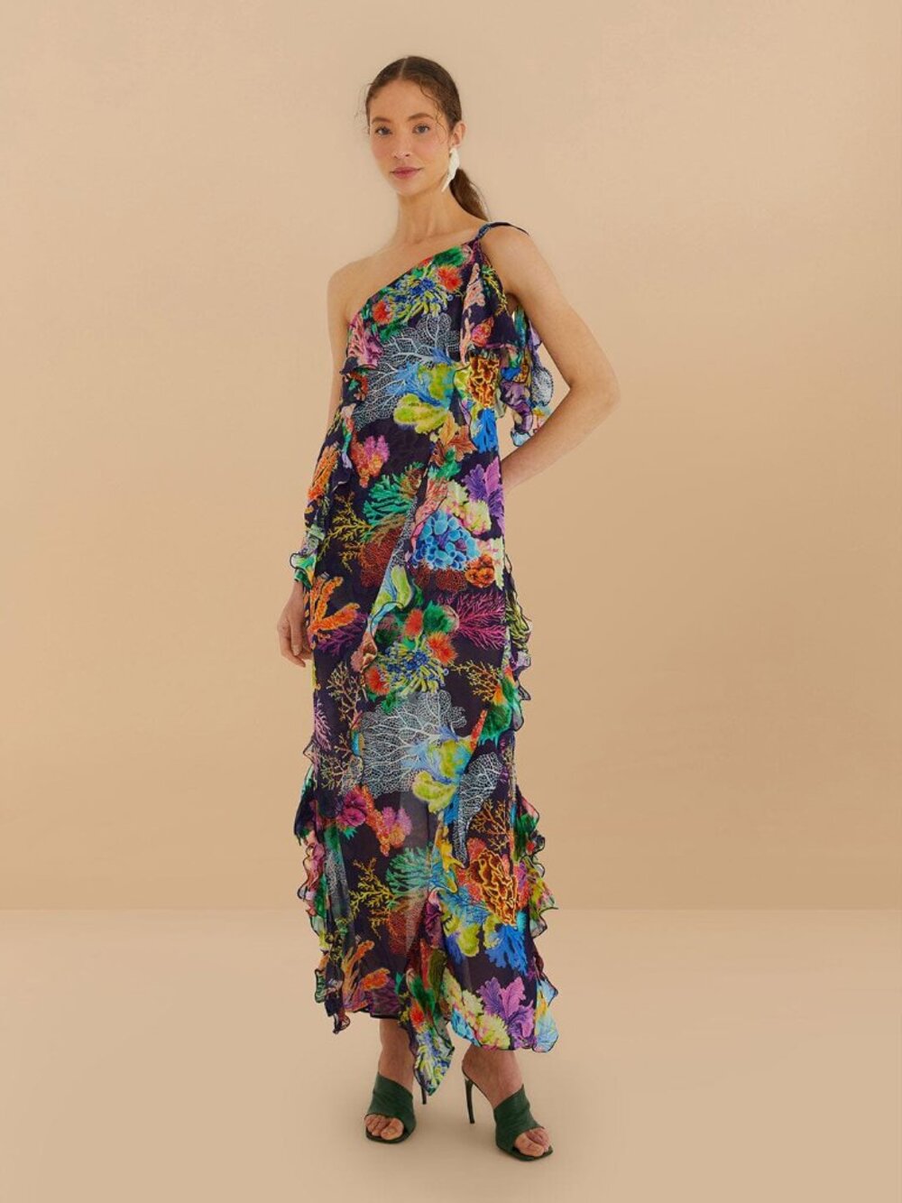 Navy Blue Vibrant Coral Garden One-Shoulder Maxi Dress -NWT